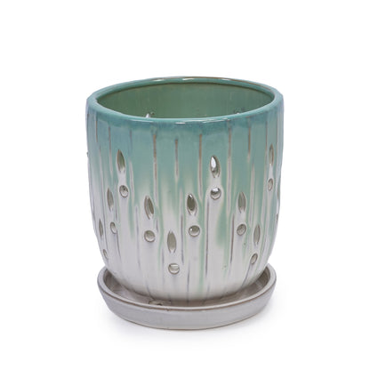 Set of 2 Ceramic Flowerpots - White/Aqua