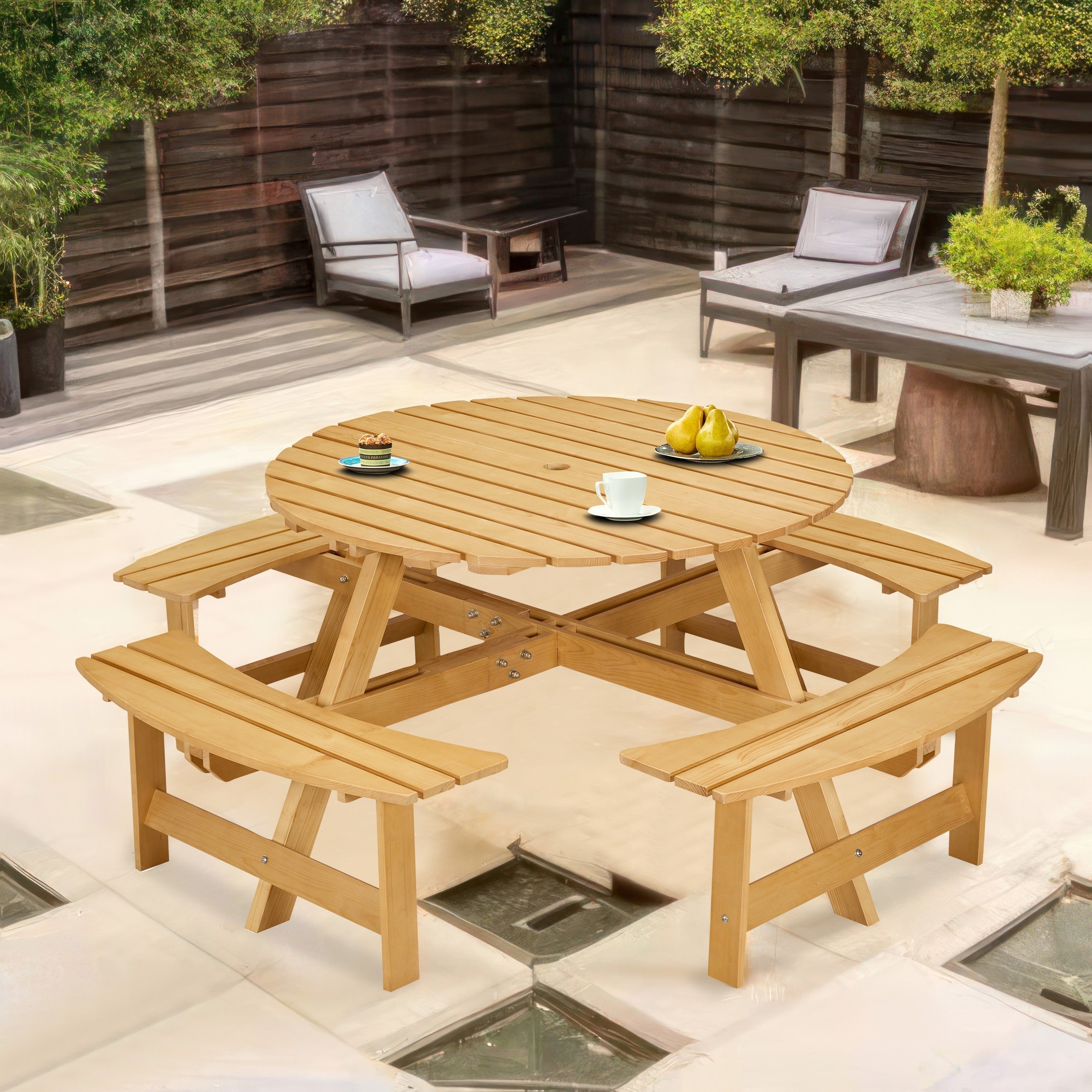 8-Person Round Picnic Table with 4 Built-in Benches - Natural Finish