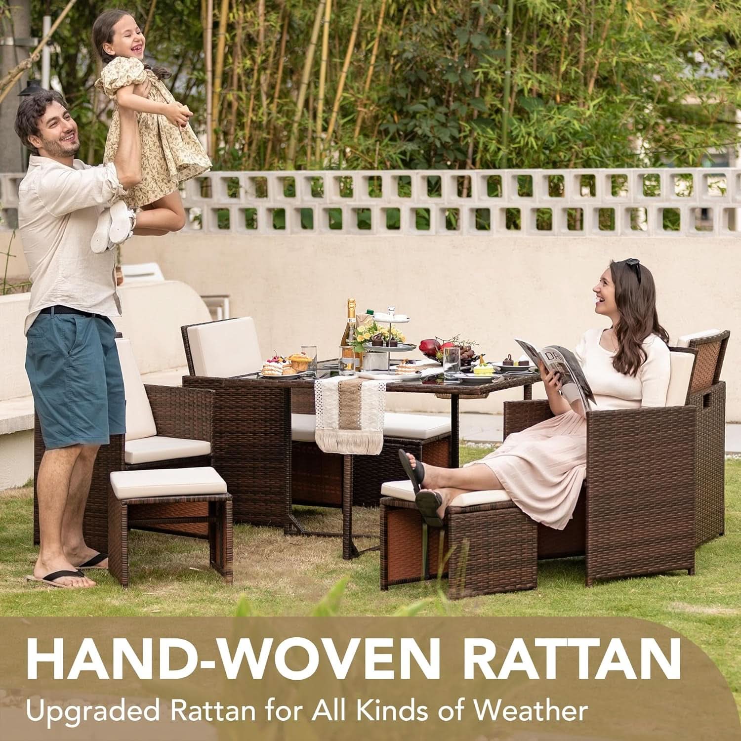 9 Piece Outdoor Space Saving Dining Set - Brown Rattan Chairs With Beige Cushions