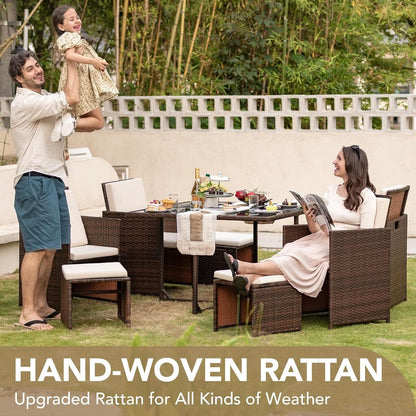 9 Piece Outdoor Space Saving Dining Set - Brown Rattan Chairs With Beige Cushions