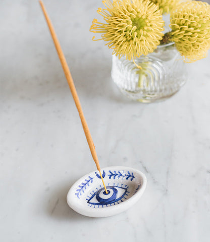 Lalita Evil Eye Incense Holder - Hand Painted Blue &amp; White