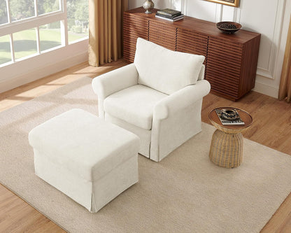 Beige Chenille Contemporary Chair &amp; Ottoman - 2 Pc Set