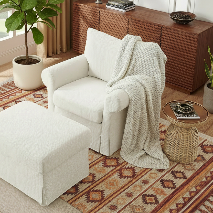 Beige Chenille Contemporary Chair &amp; Ottoman - 2 Pc Set