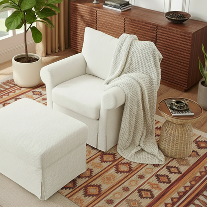 Beige Chenille Contemporary Chair &amp; Ottoman - 2 Pc Set