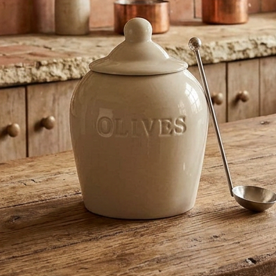 Debossed Stoneware Olive Jars with Slotted Spoon – Set of 2