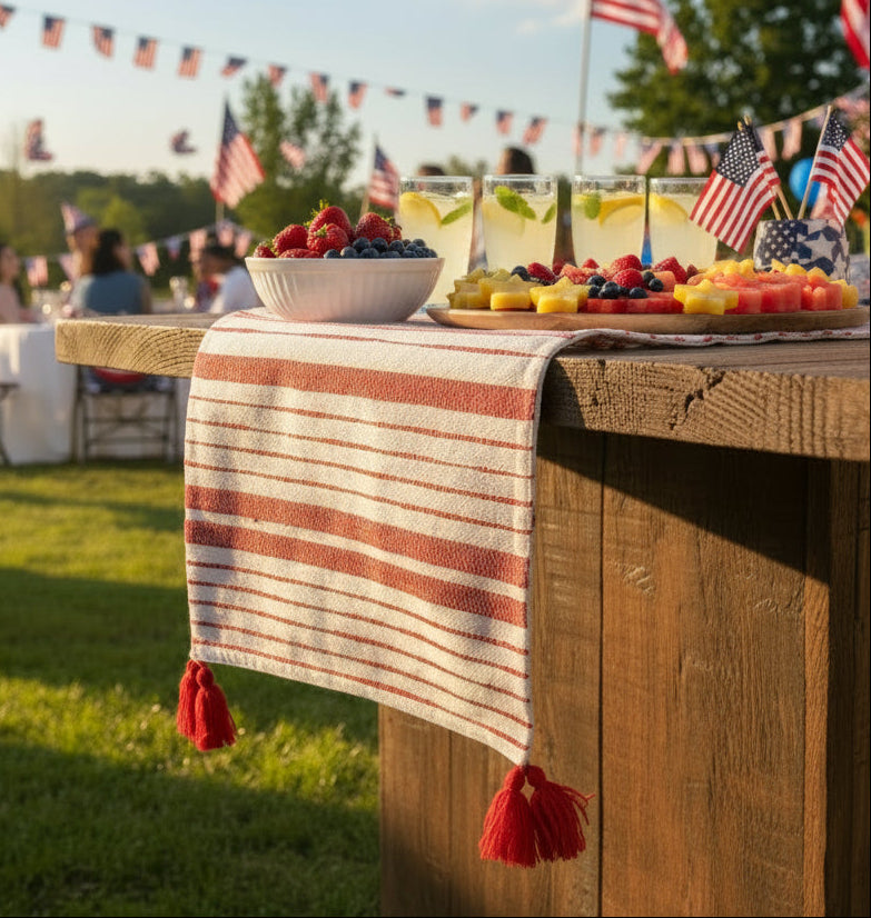Red and White Woven Cotton Table Runner with Tassels - 16"x90"