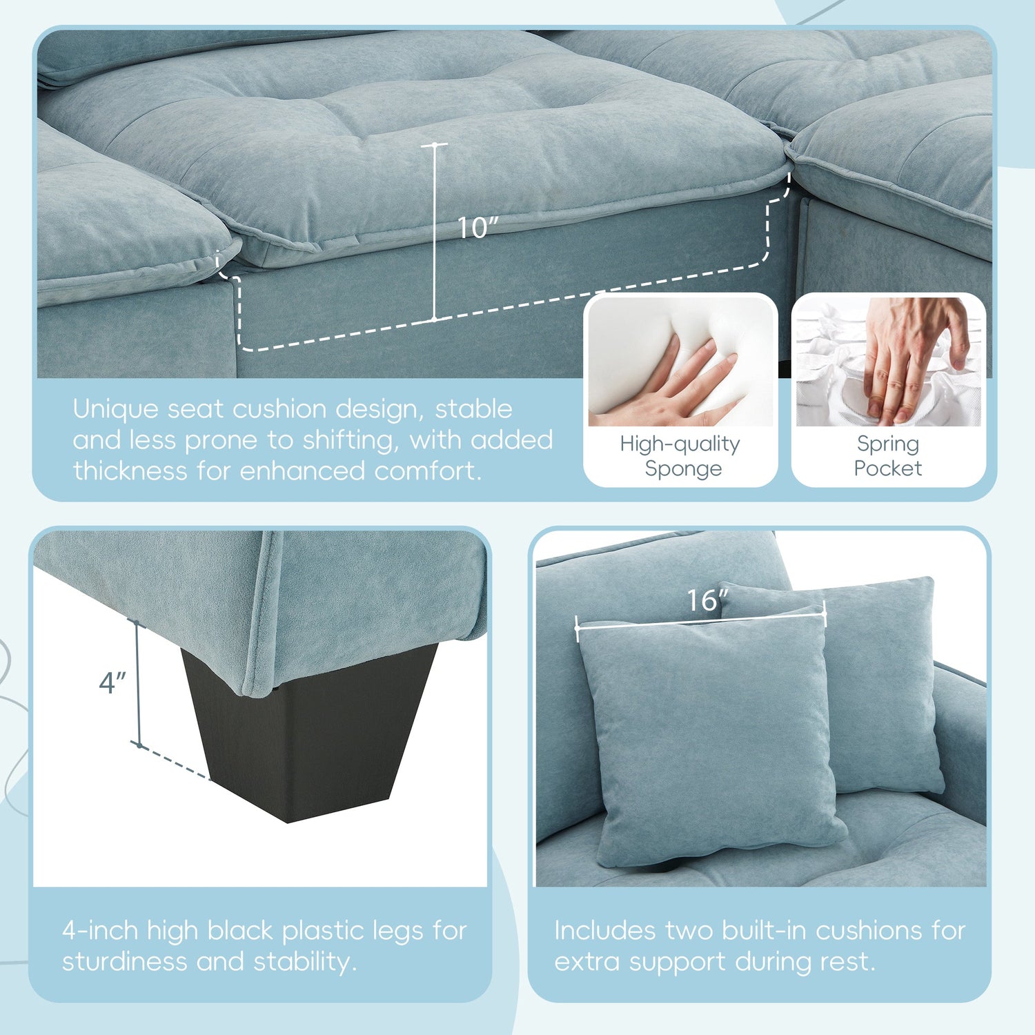 Modern Reversible Sofa Sectional in Sky Blue