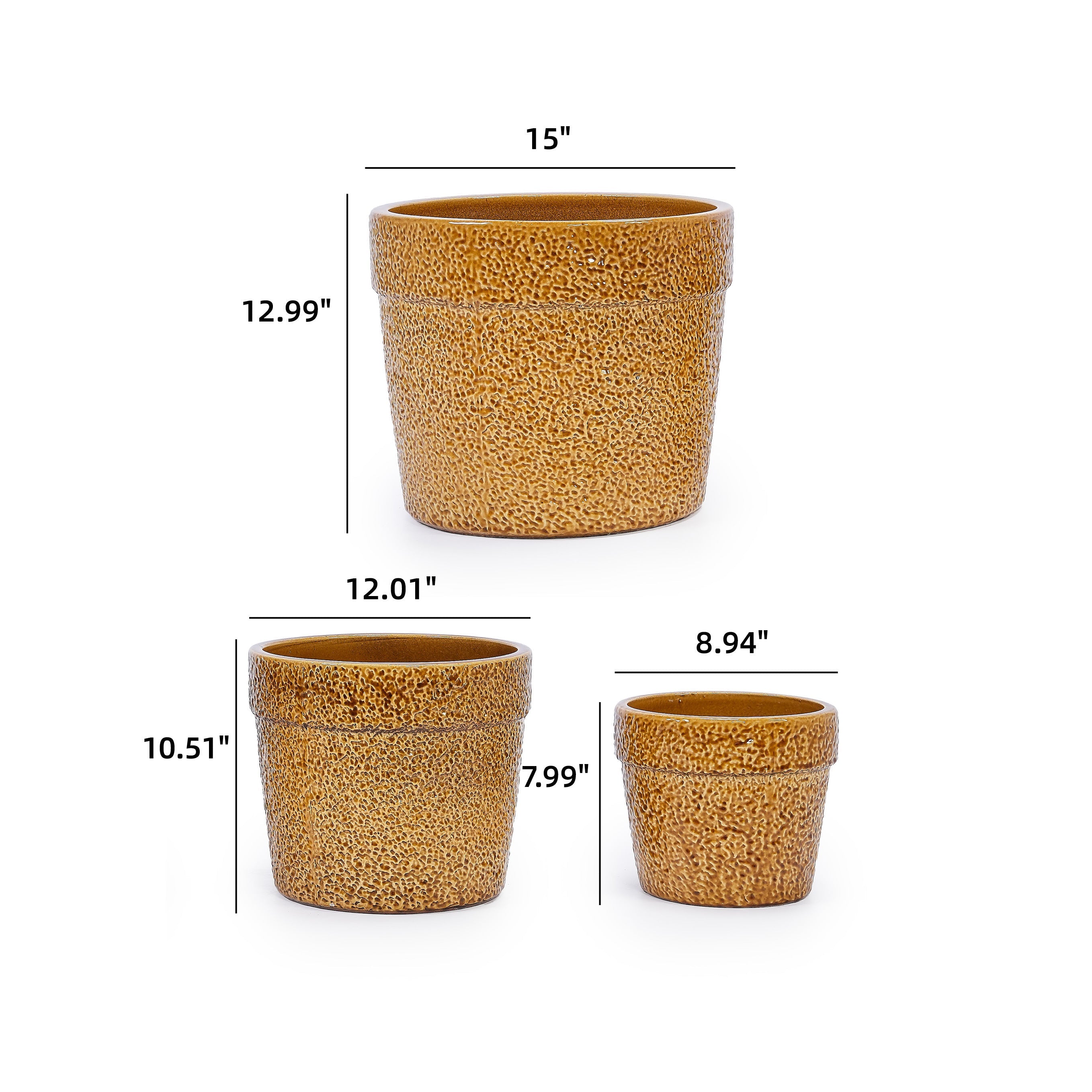 Set of 3 Honey Yellow Textured Ceramic Flowerpots