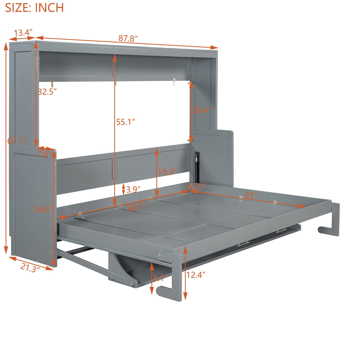 Queen Size Murphy Bed with Hydraulic Lift &amp; Desk Design - Gray