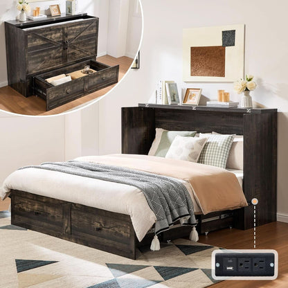 Black Oak Murphy Bed Cabinet With USB - Queen Size