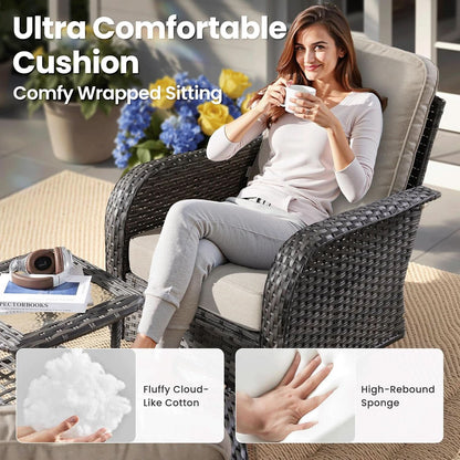 Modern 8 Piece Wicker Patio Set with Swivel Rocking Chairs and Sofa - Beige