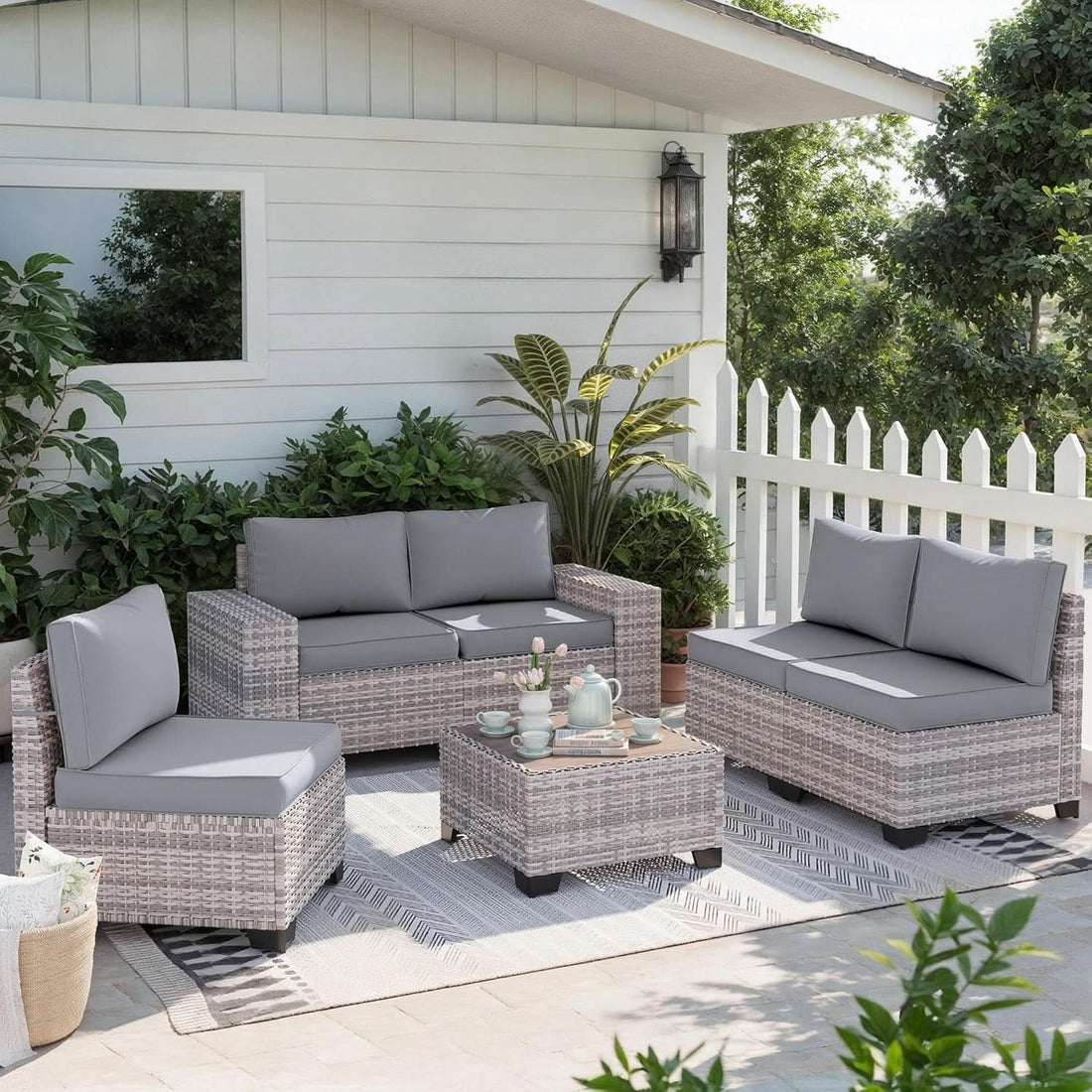 6-Piece Outdoor Modular Wicker Patio Set - Gray