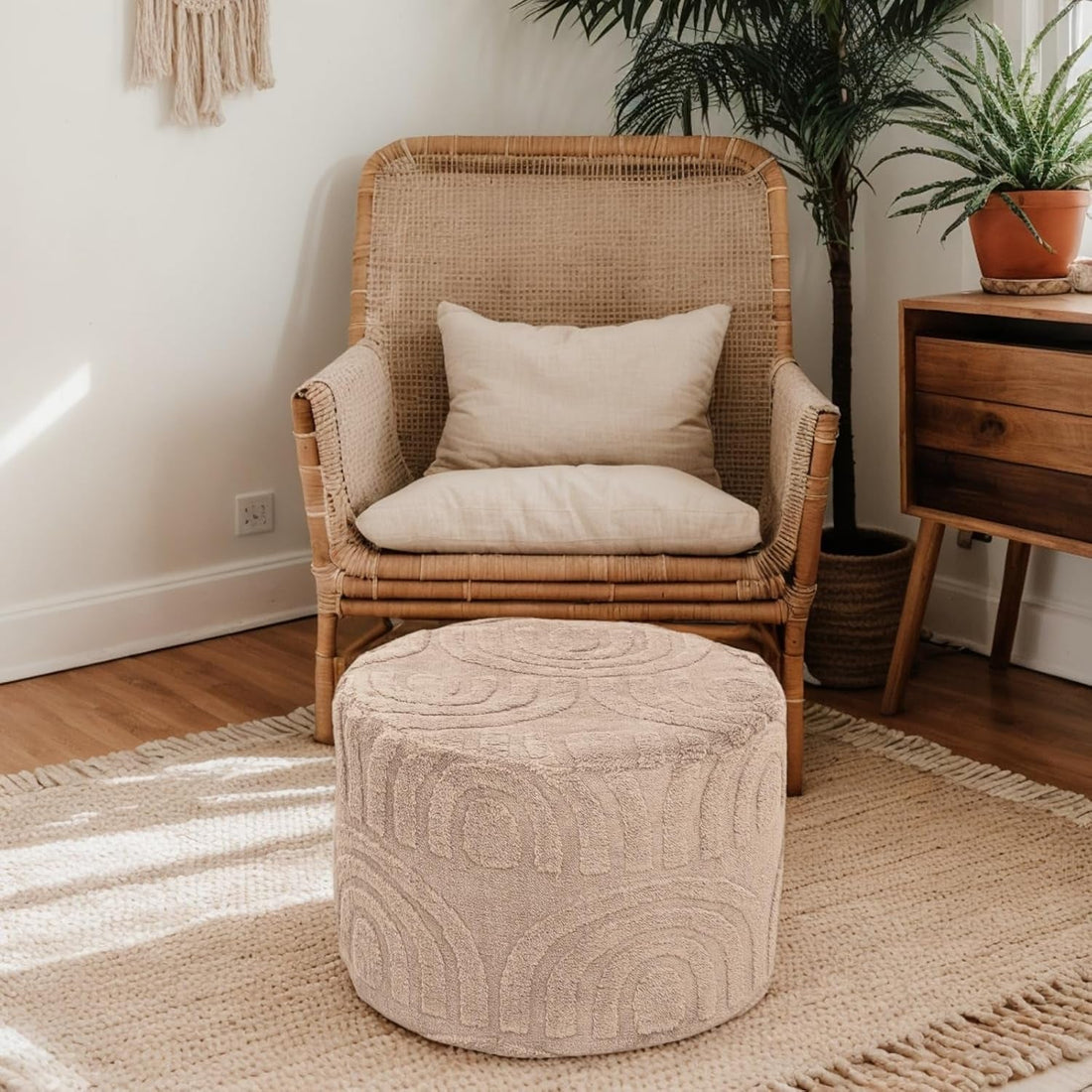 Round Ottoman Pouf 20x20x14 Inches in Khaki