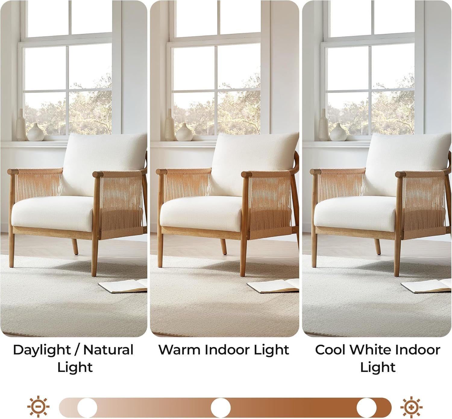 Cream Braided Accent Armchair With Wooden Armrests