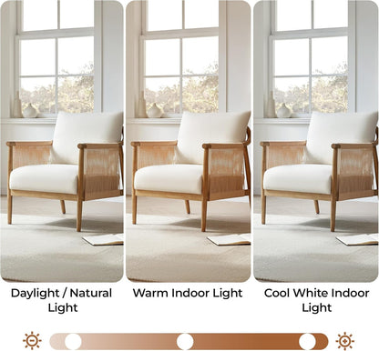 Cream Braided Accent Armchair With Wooden Armrests