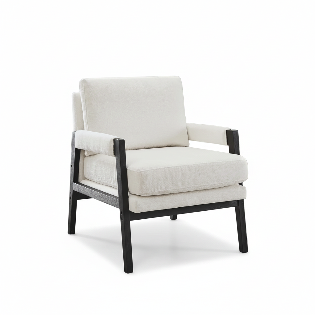 White Chenille Upholstered Mid Century Accent Armchair