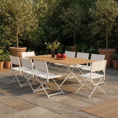 11 Piece Outdoor Dining Set - 10 Cream Colored Sling Mesh Chairs With Expandable Wood Grain Table For 6-10 Guests