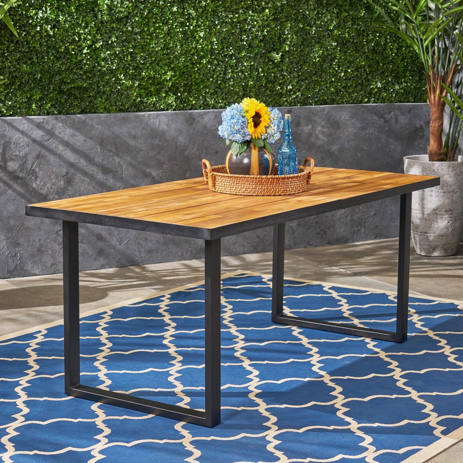 Outdoor Dining Table with Iron Legs and Teak Table Top