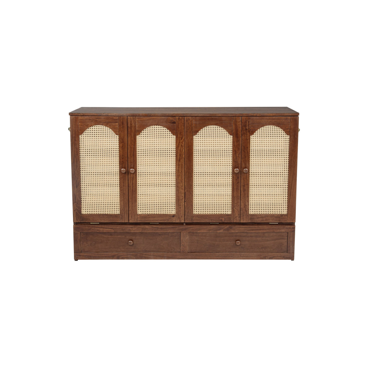 Queen Size Murphy Bed, Pine Wood with Power Station and Rattan Decoration Panel - Walnut