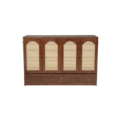 Queen Size Murphy Bed, Pine Wood with Power Station and Rattan Decoration Panel - Walnut