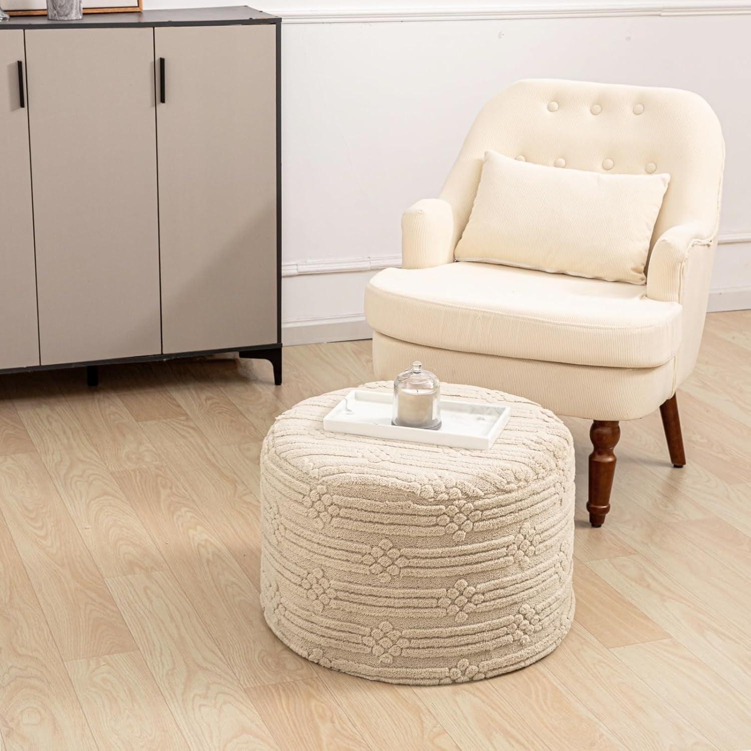Ultra Plush Patterned Pouf/Ottoman in Tan