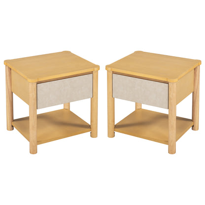 Beige Wood Platform Bed with Headboard and Matching Bedside Tables - 3 Pc Set