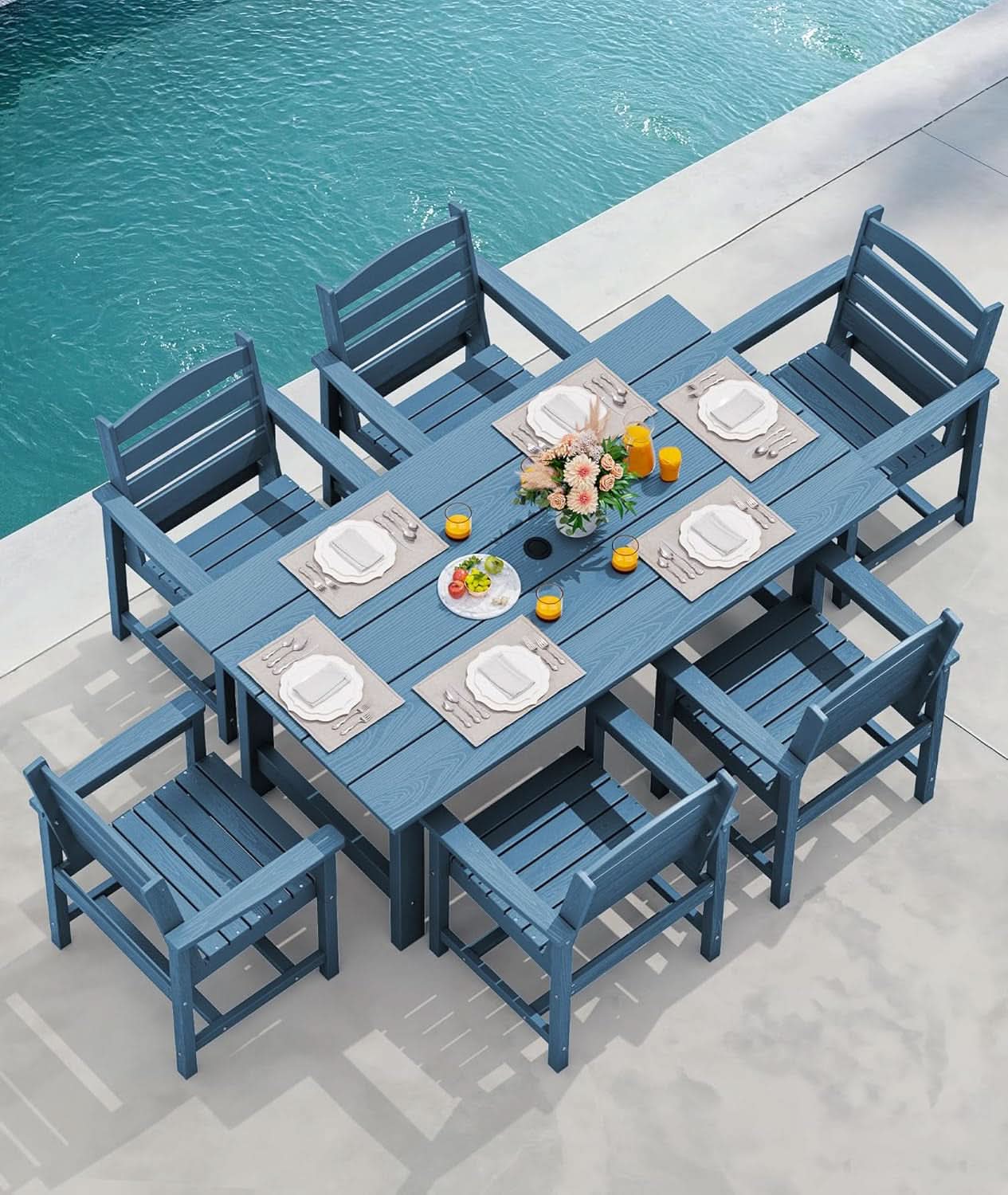 7 Piece Indoor/Outdoor HDPE Dining Set in Blue