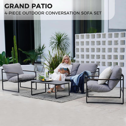 4 Piece Outdoor Slingback Furniture Set With Modern Metal Frames and Gray Cushions