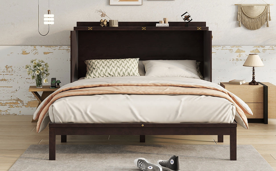 Queen Size Murphy Bed, Pine Wood with Power Station and Rattan Decoration Panel - Espresso