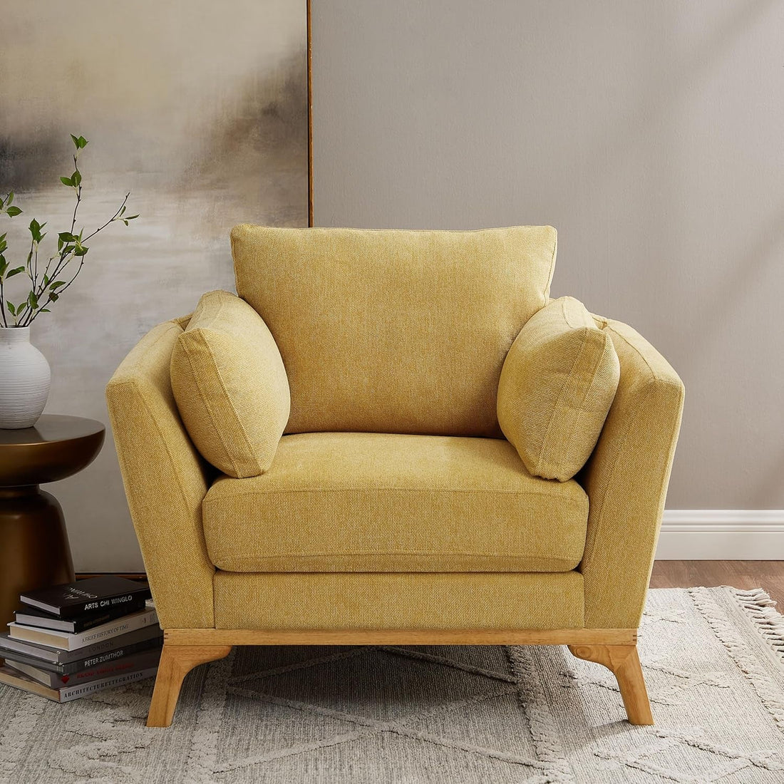 Large Linen Upholstered Accent Chair in Yellow