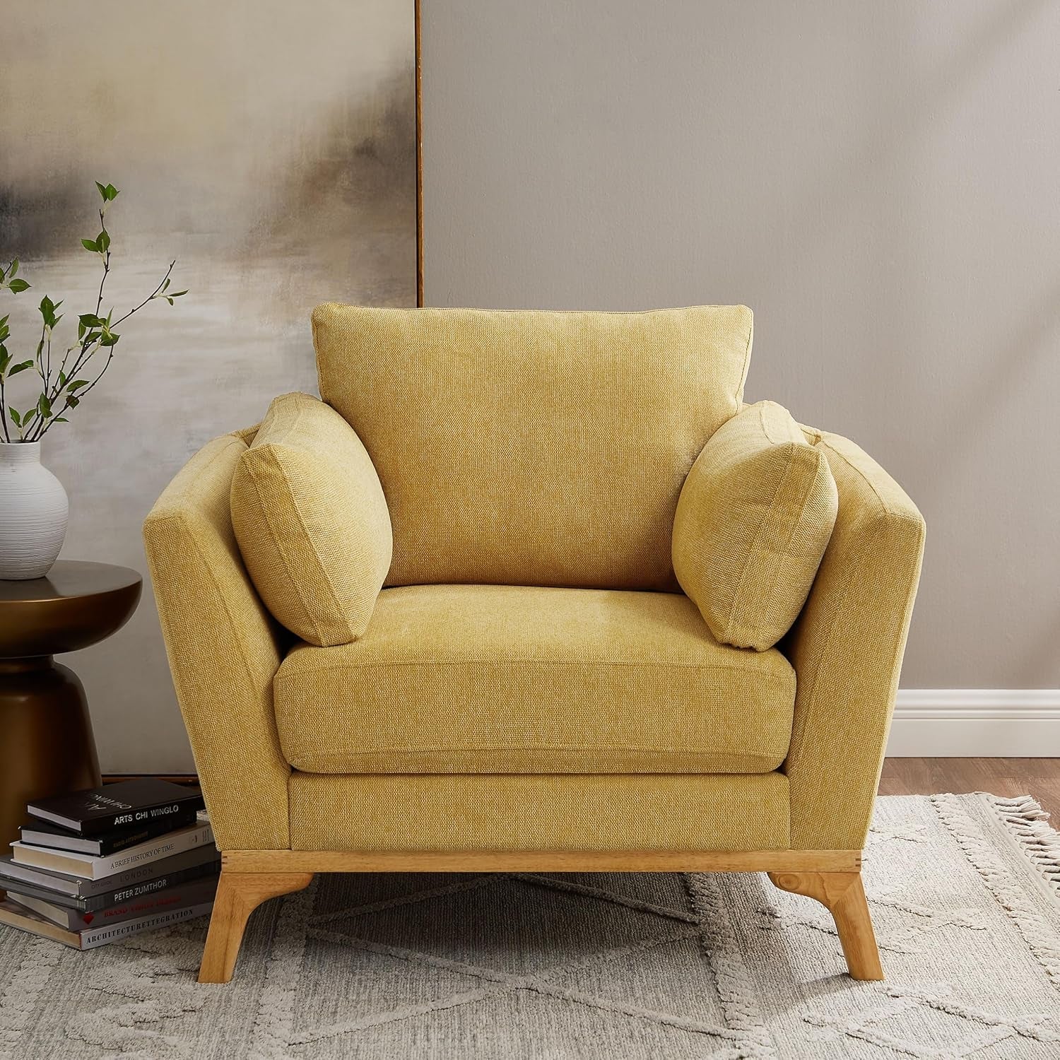 Large Linen Upholstered Accent Chair in Yellow