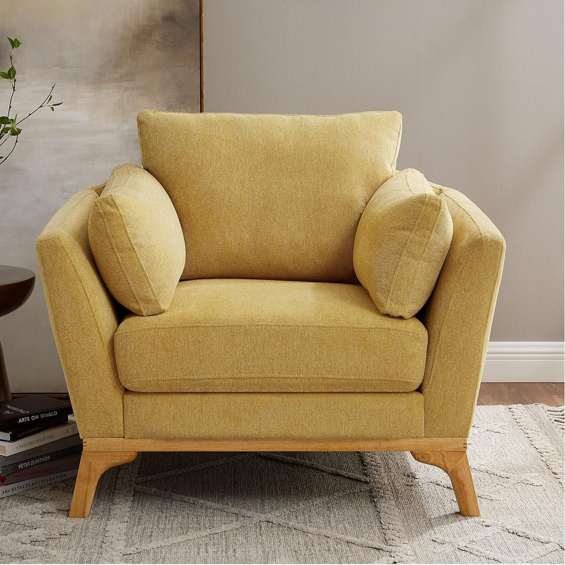 Large Linen Upholstered Accent Chair in Yellow