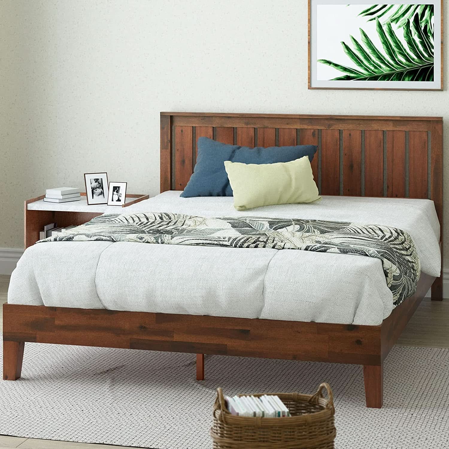 Queen Wood Platform Bed Frame With Slatted Headboard