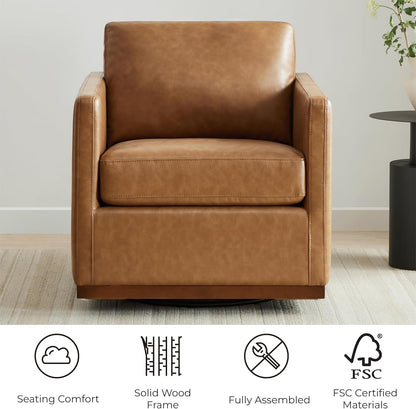 Swivel Accent Chair, Faux Leather in Saddle Brown