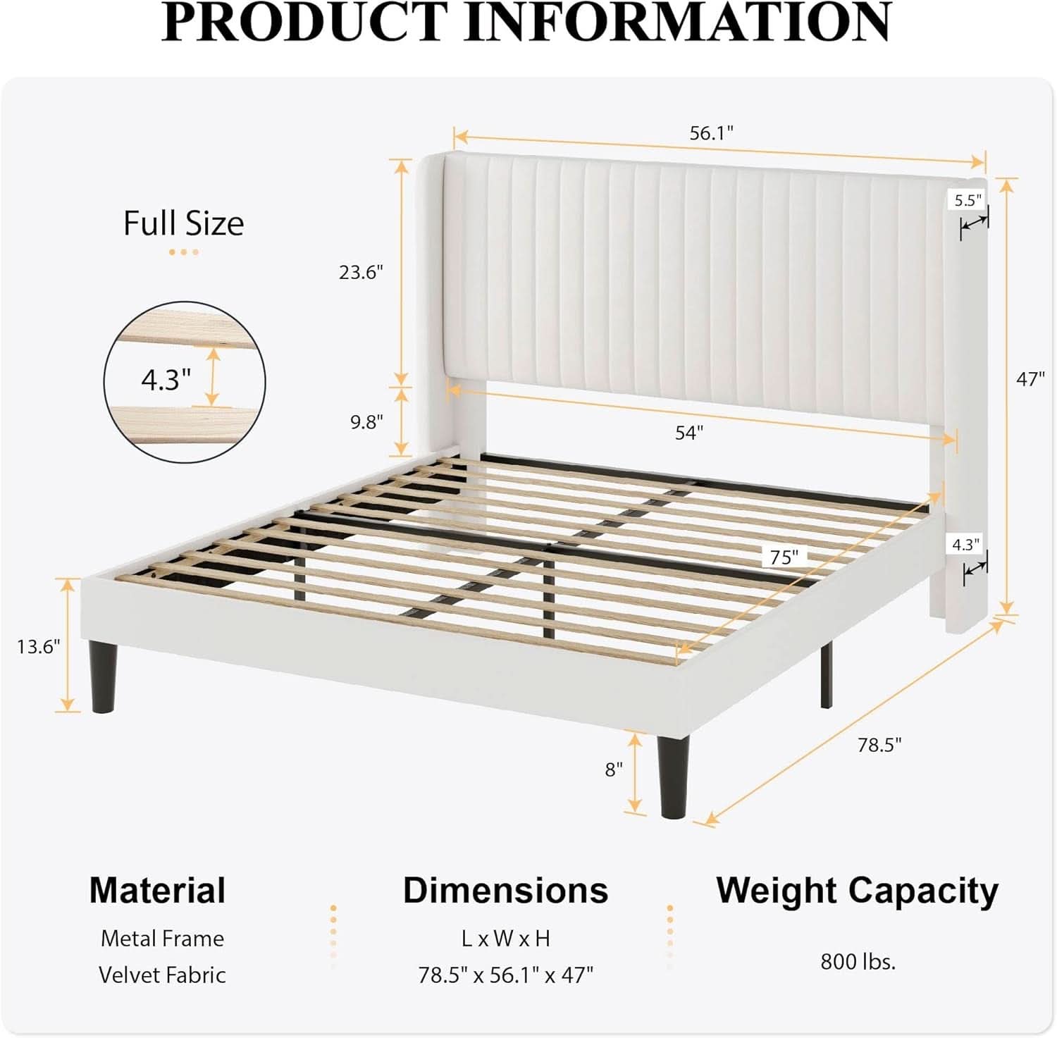 Upholstered Full Size Bed Frame With Wingback Headboard in White Velvet