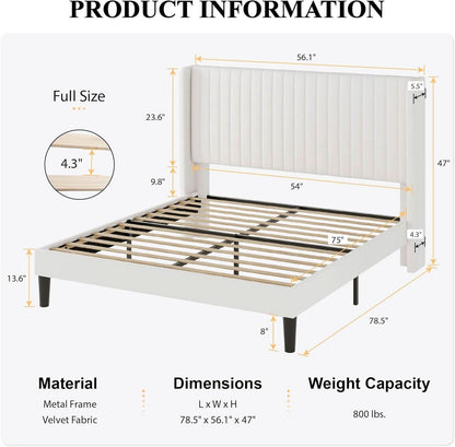 Upholstered Full Size Bed Frame With Wingback Headboard in White Velvet