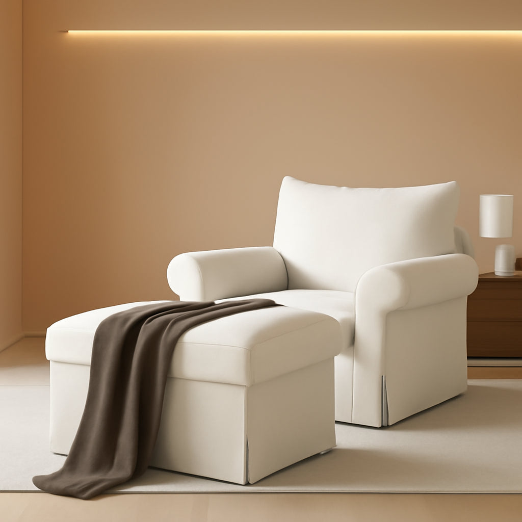 Beige Chenille Contemporary Chair &amp; Ottoman - 2 Pc Set
