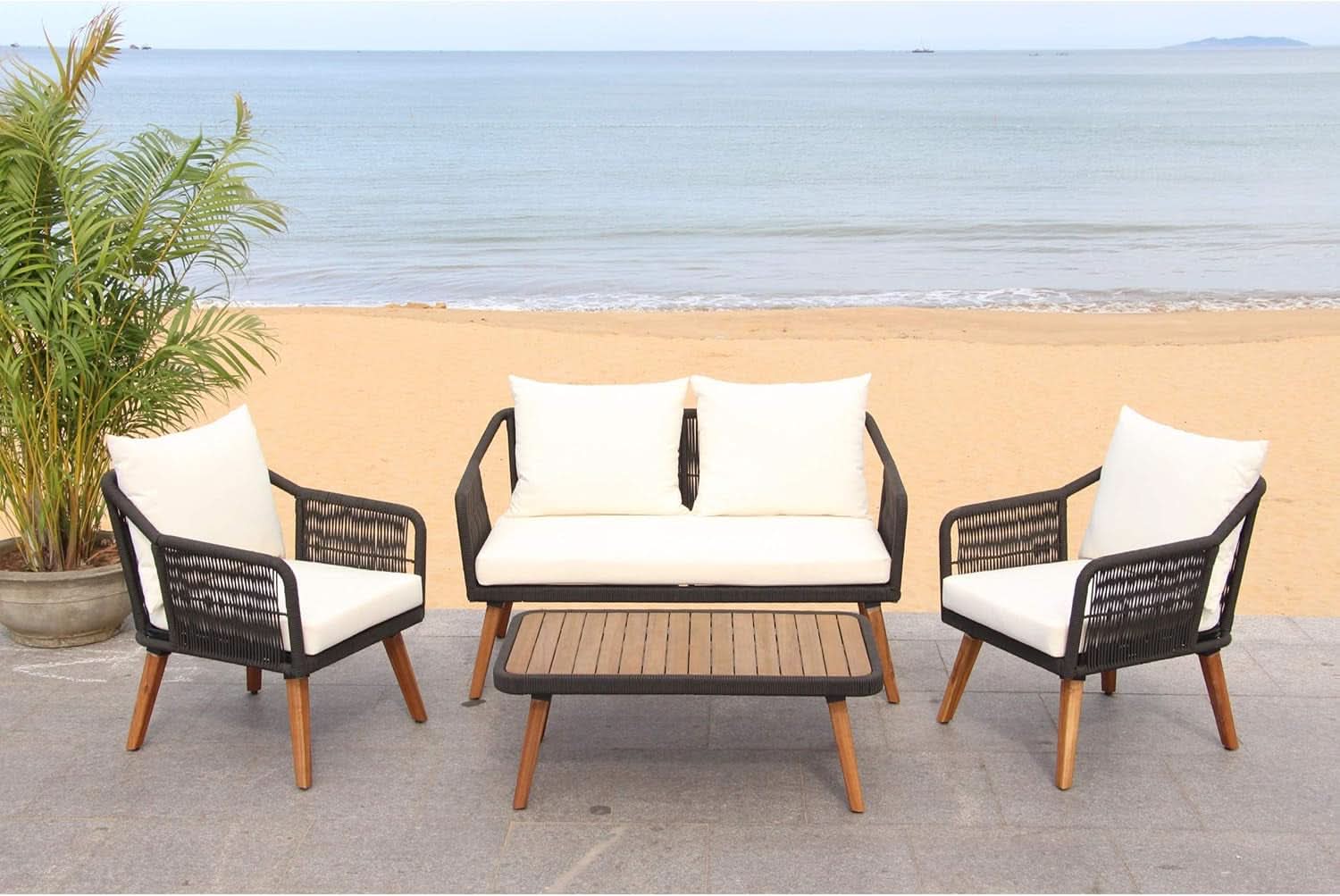 Outdoor 4 Piece Eucalyptus Rope Furniture Set With Cream Cushions