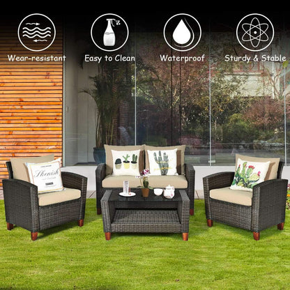 4 Piece Rattan Patio Conversation Set - Beige