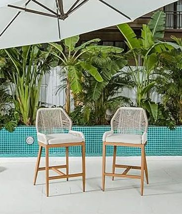 Set Of 4 Indoor/Outdoor Rattan Cushioned Bar Stools - Greige