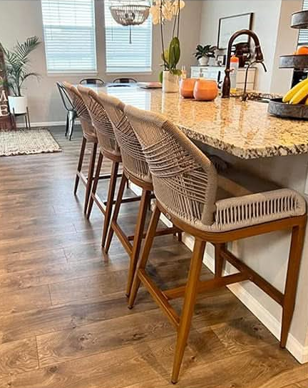 Set Of 4 Indoor/Outdoor Rattan Cushioned Bar Stools - Greige