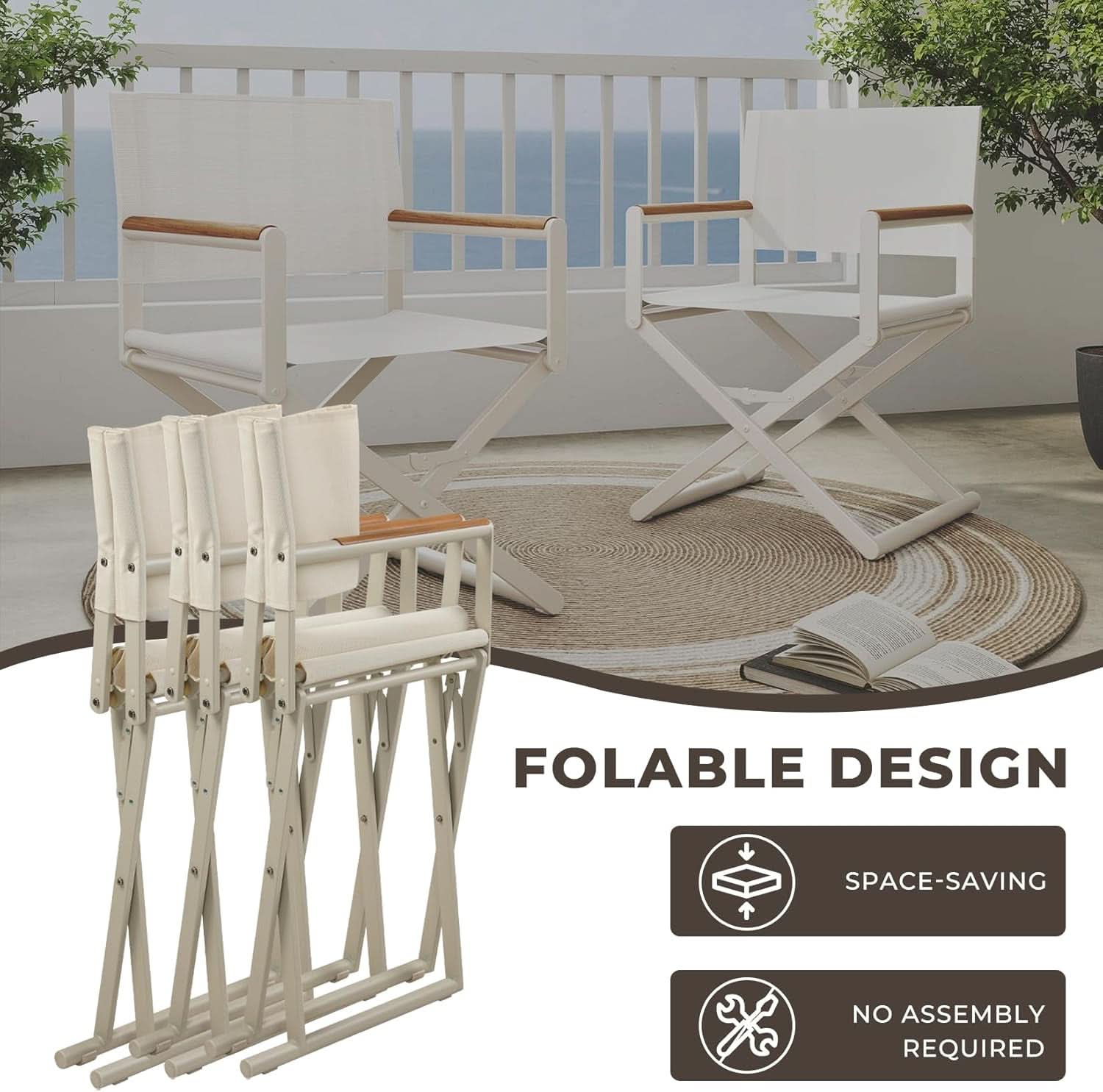 11 Piece Outdoor Dining Set - 10 Cream Colored Sling Mesh Chairs With Expandable Wood Grain Table For 6-10 Guests