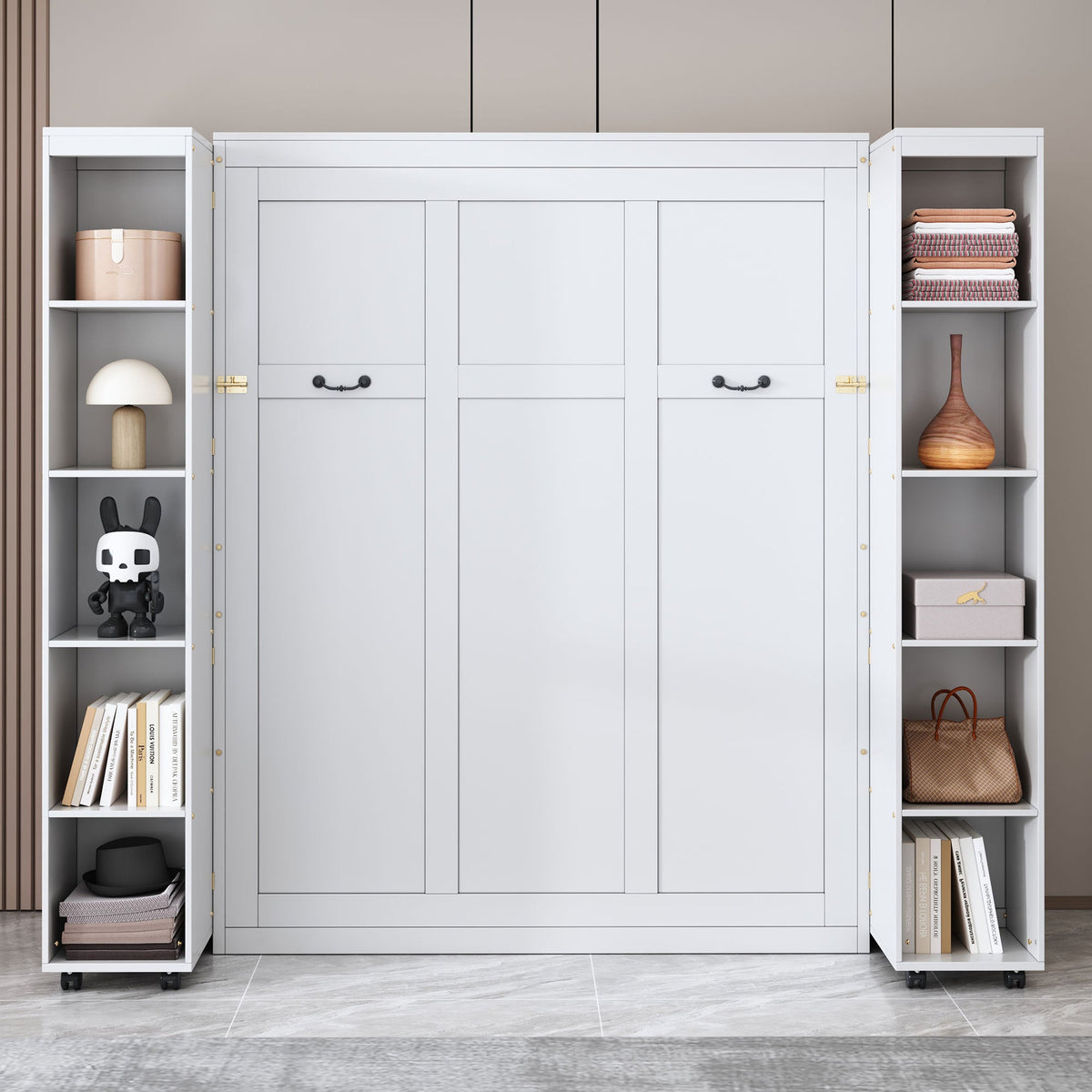 Queen Murphy Bed with Storage Doors - White