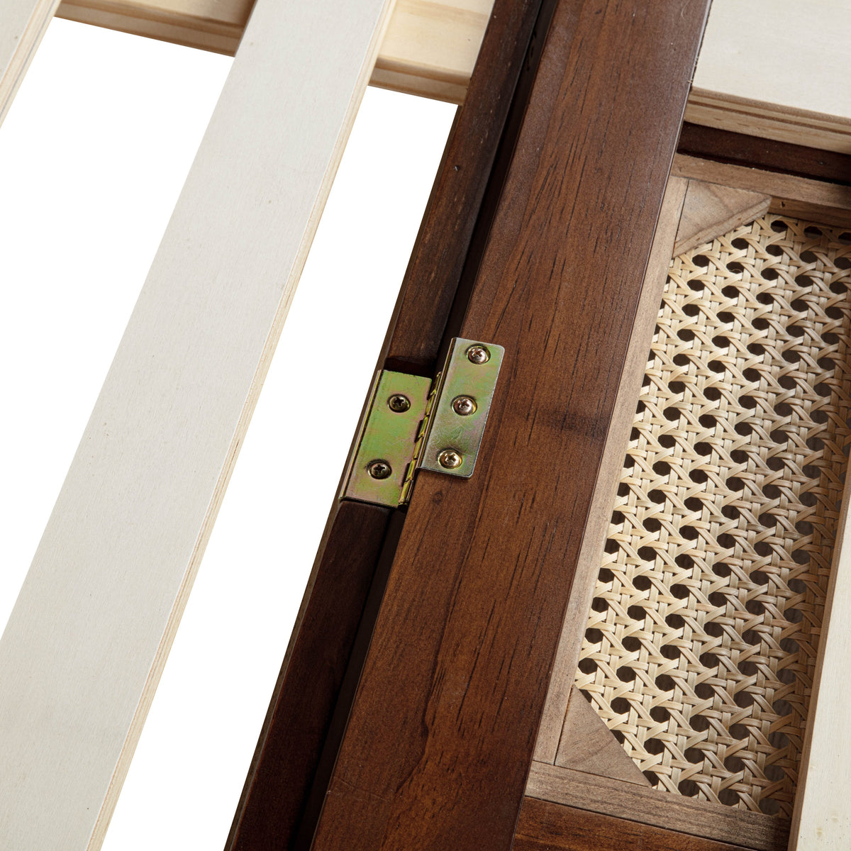 Queen Size Murphy Bed, Pine Wood with Power Station and Rattan Decoration Panel - Walnut