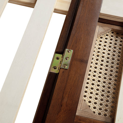 Queen Size Murphy Bed, Pine Wood with Power Station and Rattan Decoration Panel - Walnut
