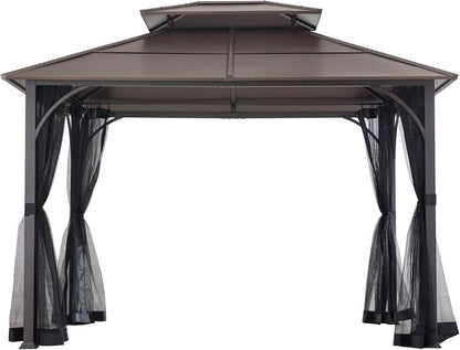 10x12 Dark Brown Hardtop Gazebo With Steel Frame And Netting