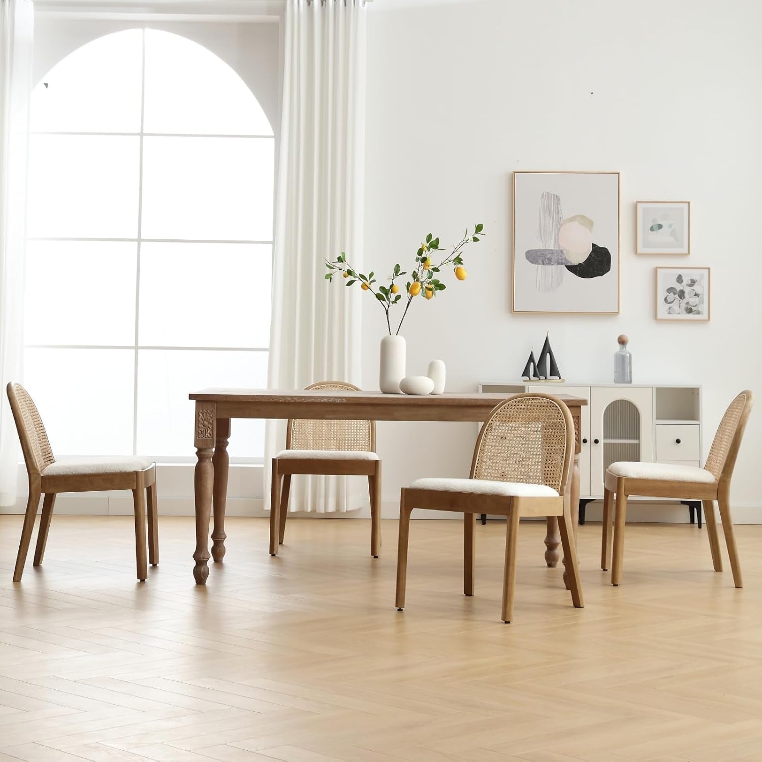 Mid Century Rattan Dining Chairs With Sherpa Upholstered Seat - 2 Pack