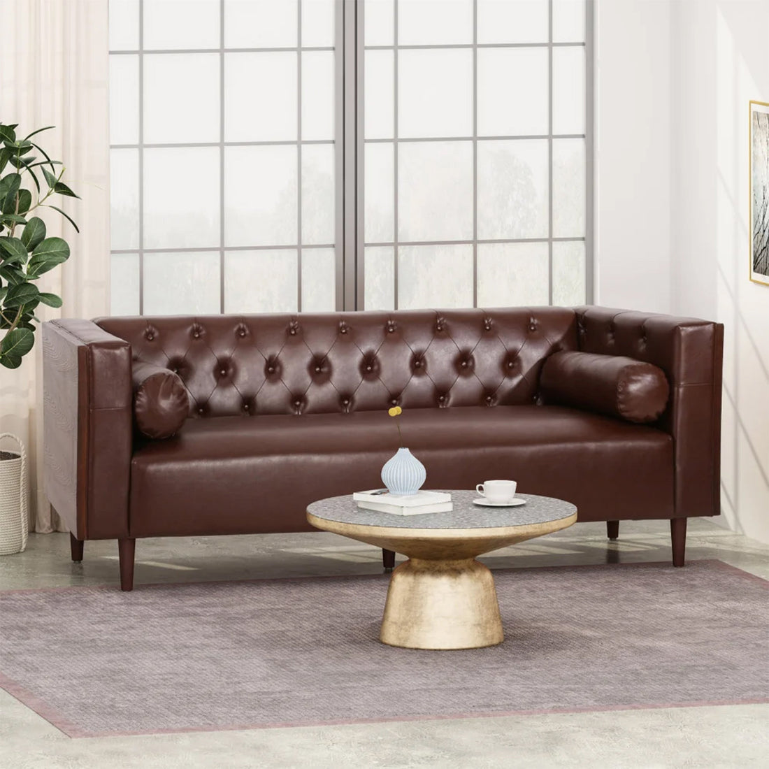 Contemporary 3-Seater Sofa with Tufted Diamond Stitch and Rolled Accent Pillows in Dark Brown Faux Leather