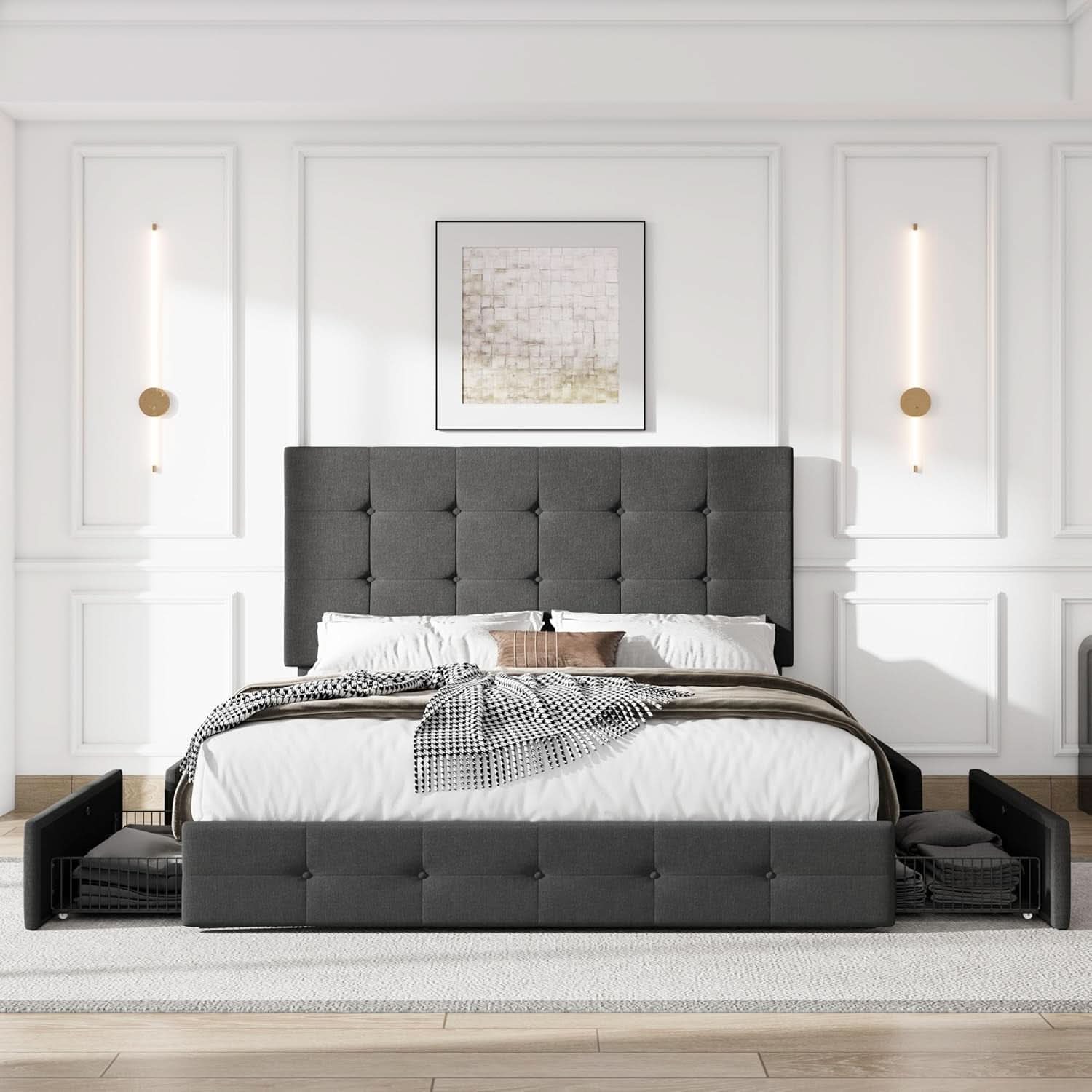 Upholstered Queen Platform Bed Frame Storage Drawers