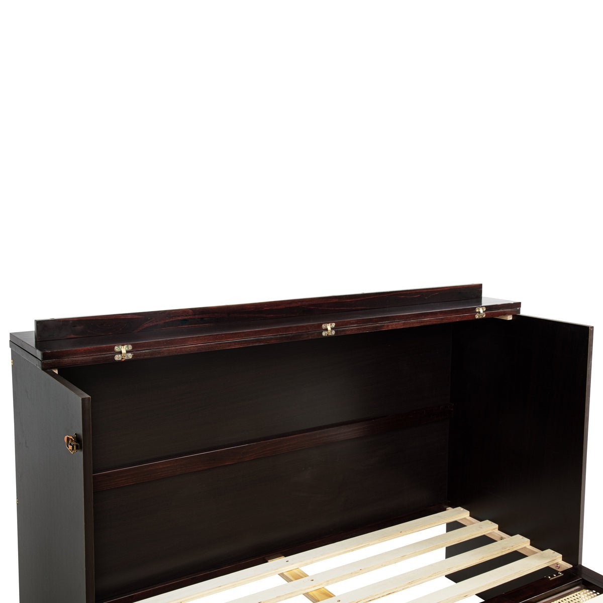 Queen Size Murphy Bed, Pine Wood with Power Station and Rattan Decoration Panel - Espresso